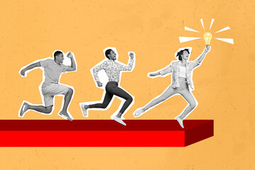 Poster banner pop collage picture of excited cheerful people run forward dream hold lamp inspiration isolated on drawing background