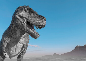 tyrannosaurus is in stand up pose on sunset desert close up view with copy space