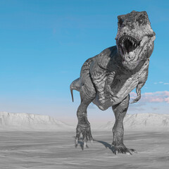 tyrannosaurus is walking around looking for food on sunset desert wth copy space