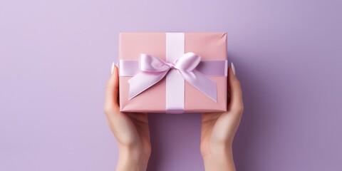 Female hands holding gift box. Copy space. Christmas, hew year, birthday concept, generative ai	