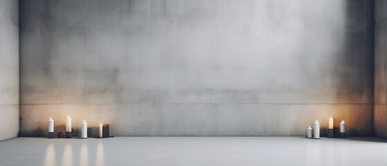 Background with candles on empty concrete space.Candlelight atmosphere, evening meditation, relax therapy, sacral ceremony. Loft interior design.