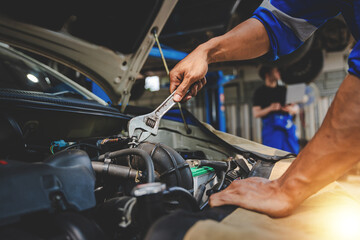 Mechanic inspects and maintains the engine for the customer. An app to write checklists for repair machines, car services and maintenance to the clipboard.