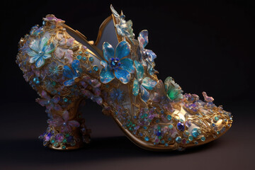 Fototapeta premium Womens high heeled slipper. Cinderellas slipper made crystal glass and diamonds. Generative AI