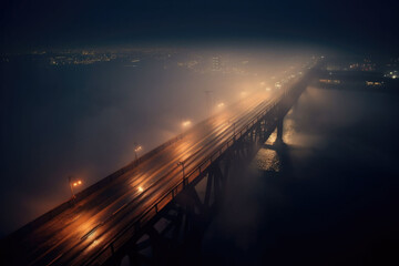 The foggy bridge with a street light on the side. The night bridge covered in the fog. Generative AI