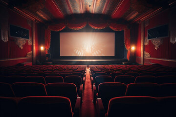 Empty modern movie theatre interior with screen and seats. Generative AI