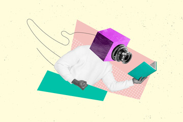 Creative trend collage of man photo vintage retro camera instead head reading book make photography...