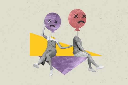 Composite collage image of dating couple therapy sad upset boyfriend girlfriend emoji face air balloons psychotherapy depression
