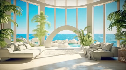 Fototapeta na wymiar Modern and elegance villa interior with a Wonderful view of the ocean