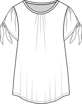 Fashion Crew neck pleat with sleeve knot top technical flat sketch drawing template design