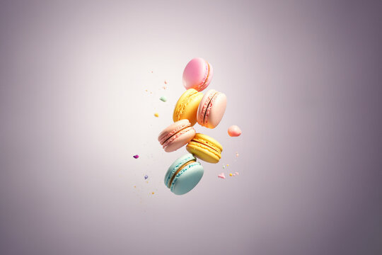 Bunte Macronen sch&ouml;n dekoriert in Szene gesetzt als Poster, ai generativ