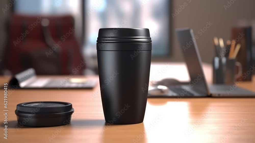 Wall mural A black travel mug for a mockup blank template on the desk