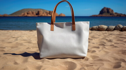 A white tote bag canvas fabric for mockup blank template on outdoor table