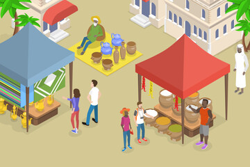 Obraz na płótnie Canvas 3D Isometric Flat Vector Conceptual Illustration of Arabic Bazaar, Middle Eastern Street Trade