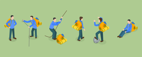 3D Isometric Flat Vector Set of Tourists or Travelers, Hiking or Climbing