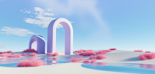 3d render Surreal pastel landscape background with geometric shapes, abstract fantastic desert dune in seasoning landscape with arches, panoramic, futuristic scene with copy space, blue sky and cloudy