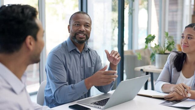 Corporate meeting, communication and happy black man man giving proposal idea, sales pitch or brainstorming. Collaboration, manager smile or office leader, diversity staff or team work on group plan