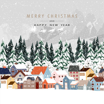 Christmas Background,Winter forest landscape in village,Fir Trees in Snowy day.Vector cartoon horizon coniferous forest with snow falling at night,Backdrop banner for Christmas,New Year 2024