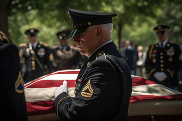 Obraz premium Veterans delivering caskets at a gravesite, Generative AI