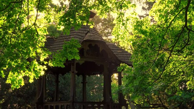 Beautiful wooden old bower with roof in the park 4K. Light of the sunrays with green leaves, and trees. Natural calm scene view in the garden, scenery, real time, mid shot, zoom in,ultra hd. ProRes HQ