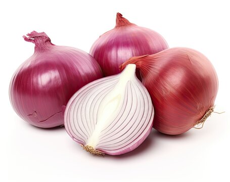 Red whole and sliced onion, isolated on white background. Created with Generative AI technology.