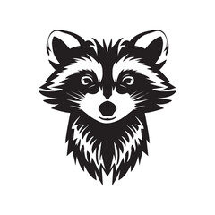 Cute muzzle of a black raccoon on a white background. Drawing, raccoon logo, icon.