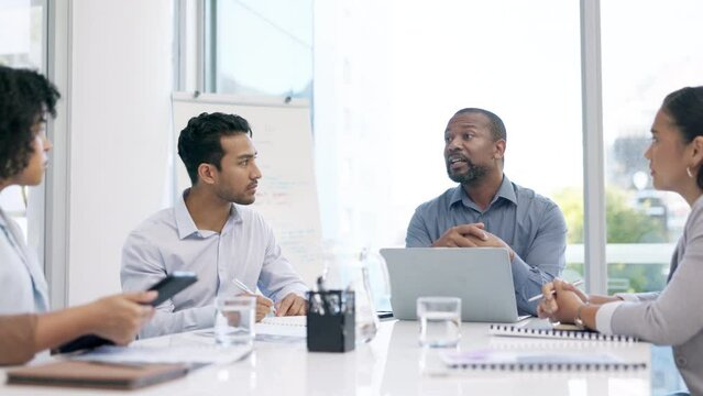 Corporate meeting, manager discussion and black man giving proposal idea, sales pitch or planning. Collaboration, strategy conversation or office leader, diversity staff or team work on group project