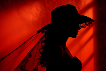 Silhouette of a beautiful woman in a hat on a red background. Generative AI