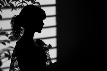 Silhouette of a beautiful young woman. Stylish glamour close-up black and white photography. Generative AI