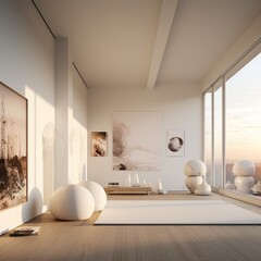Fototapeta na wymiar Minimalistic apartment, luxury, simple, aesthetic, big windows