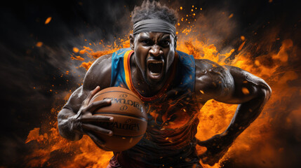 Flames of Basketball Fury. Striking Player in Action with Fiery Jersey on a Dark Court

