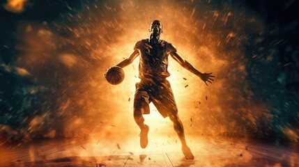 Flames of Basketball Fury. Striking Player in Action with Fiery Jersey on a Dark Court
