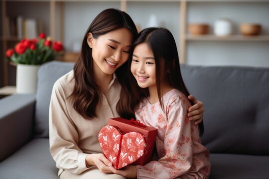 Congrats. 10 year old Asian daughter, 35 year old mother surprised by Mother's Day. hand-drawn red heart hand drawn card and a gift box for mom Sitting on white sofa at home.