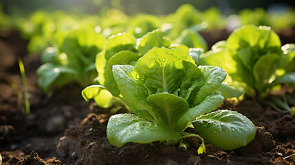 photo of green lettuce planted in the ground, generative ai - obrazy, fototapety, plakaty