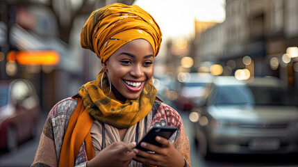 Fototapeta African woman reads good news from a smartphone screen while standing on the street. obraz