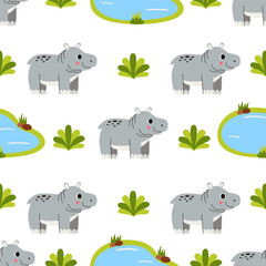 Seamless pattern with cute hippopotamus and water ponds.