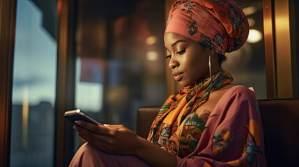 Happy young black woman in stylish clothes hold smartphone against urban background. Online shopping, web surfing, browsing internet