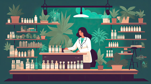 illustration of a pharmacist in a modern pharmacy, providing personalized guidance on cannabis-based medicines and CBD products.