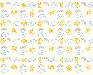 freehand drawn sun, cloud and rainbow vector pattern, sky childish pattern