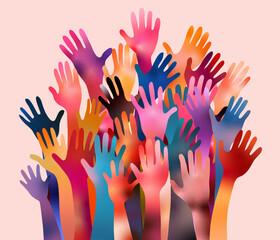Poster with volunteer people with raised arms. People diversity. Charitable donation. Support and assistance. Multicultural community. NGO. Aid. Help. Volunteerism. Inclusivity. Teamwork