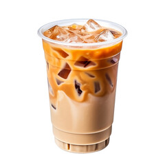 Iced coffee isolated on transparent background, delicious cold iced latte coffee drink in disposable plastic cup with ice cubes, cold beverage, for cafe, coffee shop, menu, design. generative ai