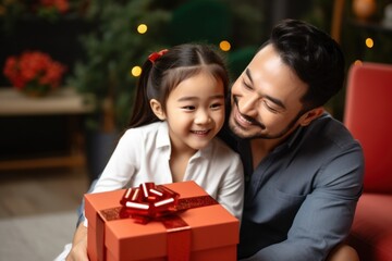 Fototapeta na wymiar An 8-year-old Asian girl gives a present to her 40-year-old father while smiling, hugging, and kissing in the living room. Happy moments with male parents and family relations Father's day