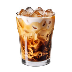 Delicious iced coffee with ice cubes isolated on transparent background, cold iced latte caramel coffee drink in glass cup with ice cubes, cold beverage, for cafe, coffee shop, menu, generative ai