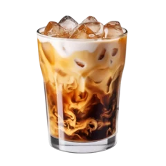 Foto op Plexiglas Delicious iced coffee with ice cubes isolated on transparent background, cold iced latte caramel coffee drink in glass cup with ice cubes, cold beverage, for cafe, coffee shop, menu, generative ai © niloo