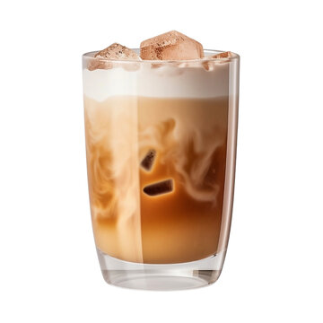 Iced coffee with cold foam isolated on transparent background, delicious iced latte coffee drink in glass cup with ice cubes and cream topping, cold beverage, for cafe, coffee shop, menu,generative ai