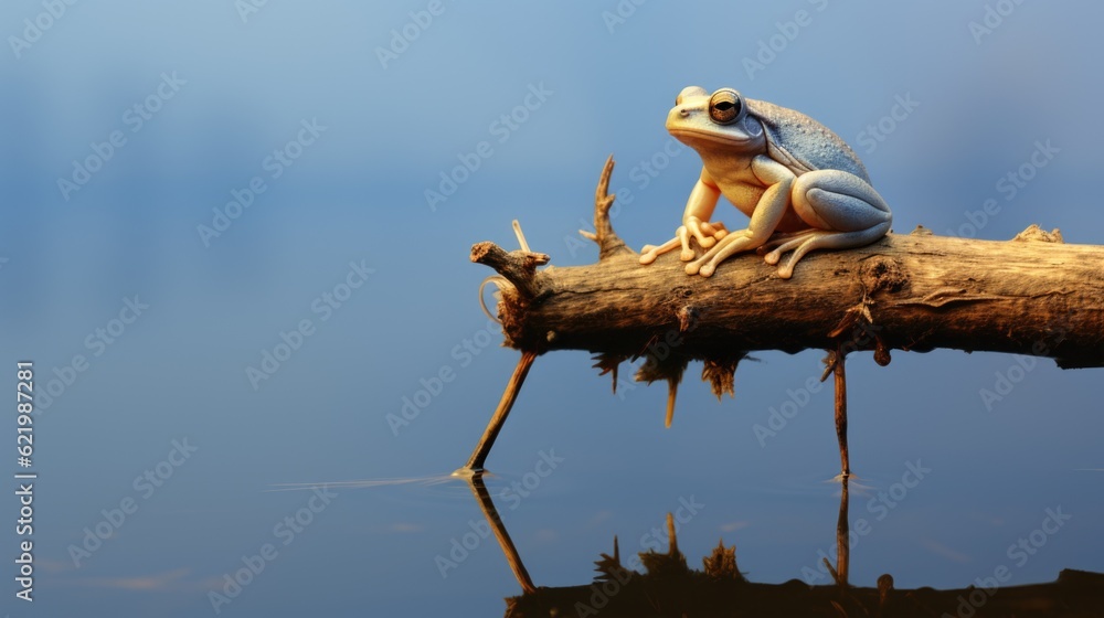Poster a frog sitting on top of a tree branch. generative ai image.