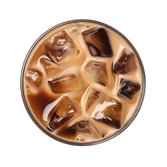 Iced coffee isolated on transparent background, top view, view from above, delicious iced latte coffee drink in glass cup with ice cubes, cold beverage, for cafe, coffee shop, menu, generative ai