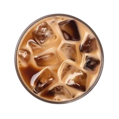 Tuinposter Iced coffee isolated on transparent background, top view, view from above, delicious iced latte coffee drink in glass cup with ice cubes, cold beverage, for cafe, coffee shop, menu, generative ai © niloo