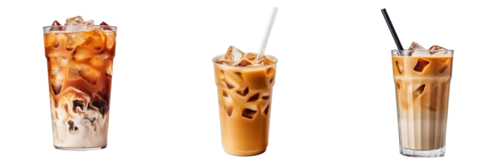 Tuinposter Iced coffee cups isolated on transparent background, top side view, view from above, delicious iced latte coffee drink in glasses with ice cubes, straw, cold beverage, generative ai © niloo