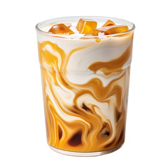Iced caramel coffee isolated on transparent background, delicious iced latte coffee drink blend in glass cup with ice cubes, cold beverage, for cafe, coffee shop, menu, design element. generative ai