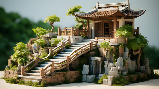 A miniature photo of an Eastern style house with stairs and walkways, featuring a terraced urban landscape, dense vegetation